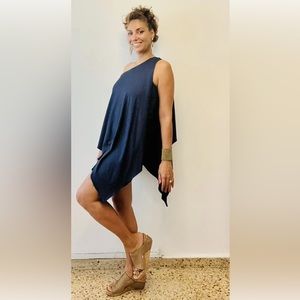 Beautiful Vintage Boutique One  shoulder asymmetric Navy Blue Long Blouse Dress